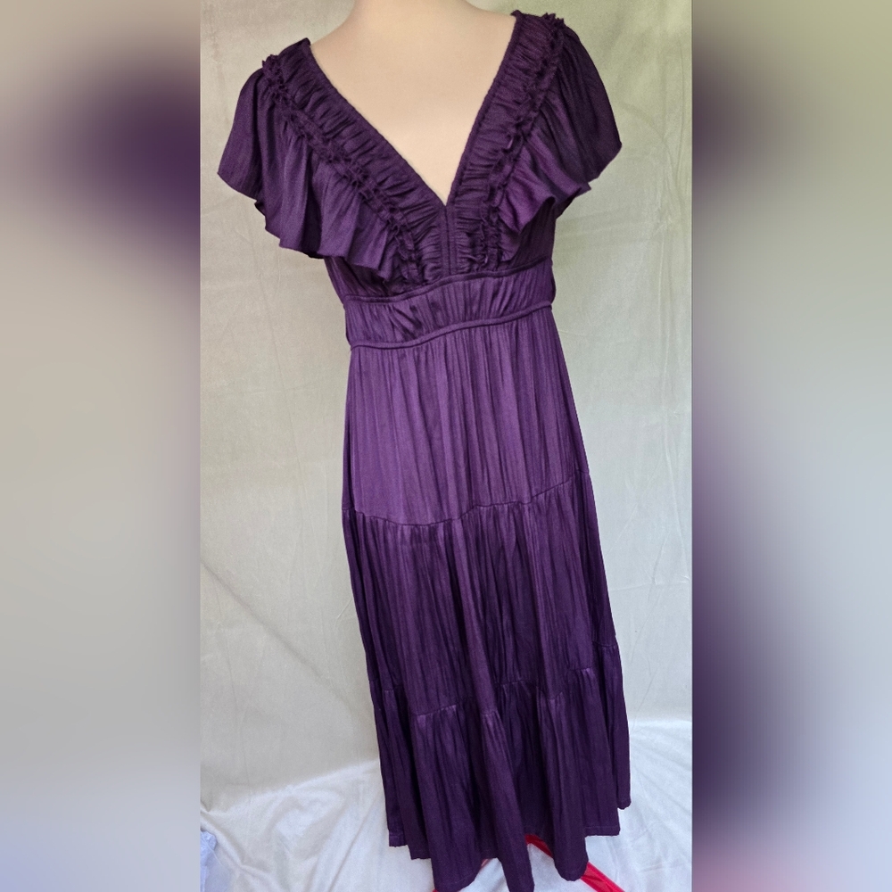 Anthropologie Deep Royal Purple Ruffle Top Plum Maxi Dress Satin